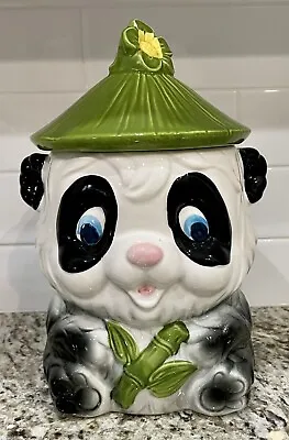 VINTAGE Panda Bear Cookie Jar Orange Flower Hat Kmart Japan • $30