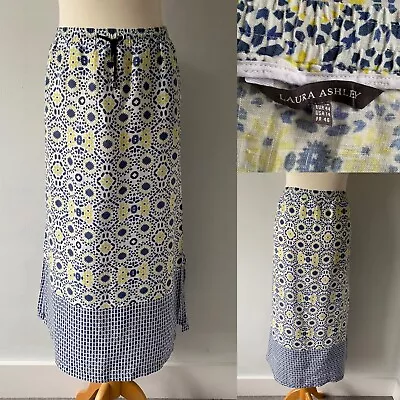 Laura Ashley White Blue Yellow Floral Long Skirt Pure Linen Lightweight Size 18 • £17.99