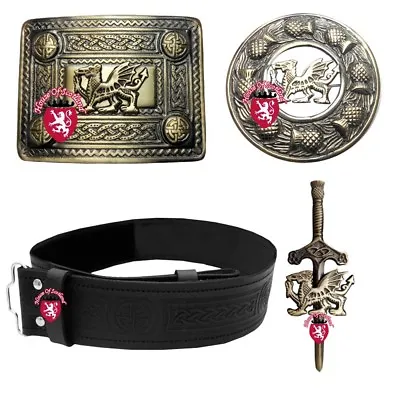 HS Scottish Kilt Outfit Pin & Brooch Antique Belt Buckle Leather Celtic Embossed • £28.99