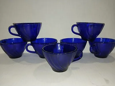 Duralex Vereco France Rivage Cobalt Blue Glass Swirl Tea Cup Set Of 7 • $28