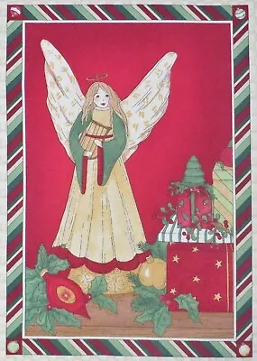 Christmas Angel Harp Music Ornament Holly 9.25 X 14  Quilt Block Fabric Panel • $1.99