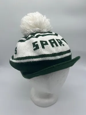 Vintage Michigan State Sparts Winter Brimmed Beanie Hat W/ Pom Green White MSU • $8.95