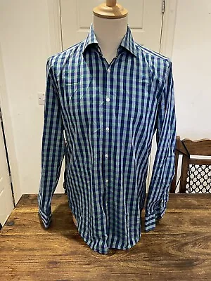 HUGO BOSS Mens Blue Check Long Sleeve Jaron Shirt Size 42 16.5 Slim Fit • £18.99