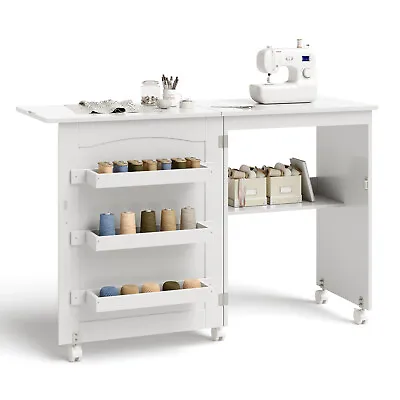$999 • Buy White Folding Sewing Craft Table Shelves Storage Cabinet Home Furniture W/Wheels