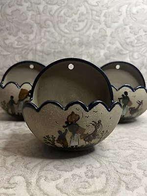 Hand Thrown Hand Painted Wall Planters Barbosa Mexico City Village Scenes Set 3 • $29.99