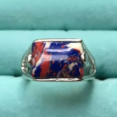 Silver Tone Red White Blue Fordite Faux Stone Marbled Resin Ring Size 9.75 • $9.84