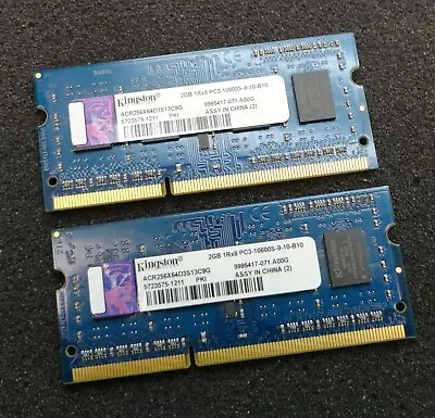 4GB Kit (2 X 2GB) Kingston ACR256X64D3S13C9G PC3-10600S Laptop SODIMM Memory • £7.99