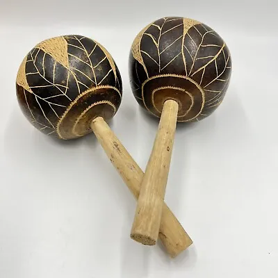 Pair (2) Vintage Hand-Carved Gourd Maracas 10” With Leaf Pattern • $24.99
