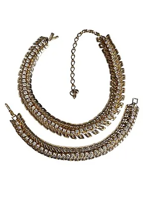 Vintage Duane Set Choker Necklace Bracelet Rhinestone Gold Pl. Chevron Link A2 • $74.95