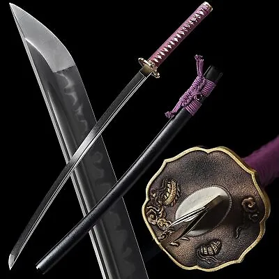 Purple Clay Tempered T10 Steel Blade Japanese Sword Samurai Katana Brass Tsuba • $119.99