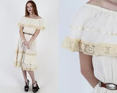 Vtg 70s Ethnic Mexican Fiesta Dress Floral Lace Off Shoulder Ivory Gauze Mini • $56