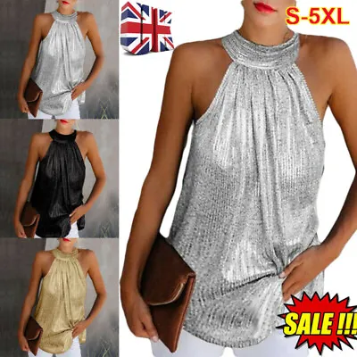 UK Womens Glitter Strappy Halter Neck Cami Evening Party Tops Sleeveless Blouse • £12.88