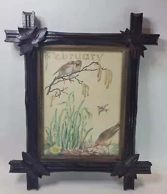 Vtg Adirondack Hand Carved Picture Frame & Print Black Forest Style 6x8  READ • $75.95