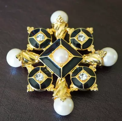 Vintage PD Premier Design Maltese Cross Enamel Faux Pearl Pendant Brooch • $45