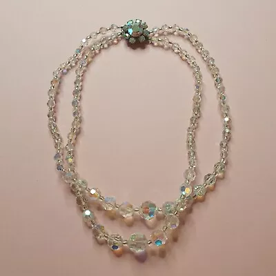 £20 • Buy Vintage 2 Strand Crystal Necklace 1950s Glass Aurora Borealis Retro AB Beads