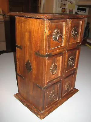 Vintage Wood Spice Box With Primitive Straps 6 Drawer From INDIA 14  X 10  X 7  • $49.99