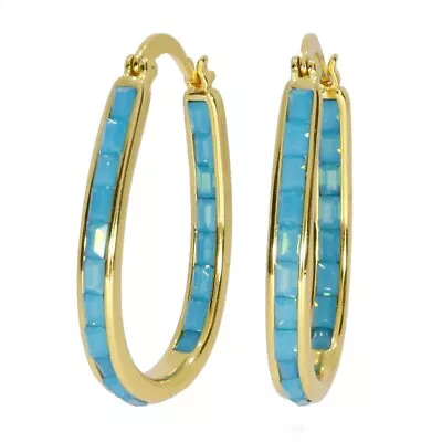 18k Gold Plated Light Blue Emerald Cut Crystal Inside Out Hoop Earrings • $10.99