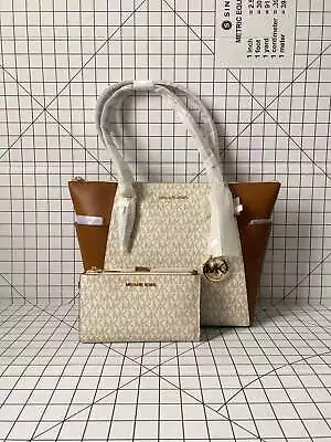 Michael Kors Charlotte Top Zip Tote Vanilla Signature MK Shoulder Bag& Wristlet • $189