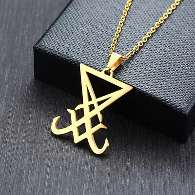 Men Sigil Of Lucifer Pendant Necklace Satanic Symbol Amulet Inverted Cross Chain • £7.79