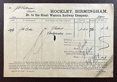 £4.99 • Buy 1909 Great Western Railway, Hockley Station, Birmingham Invoice