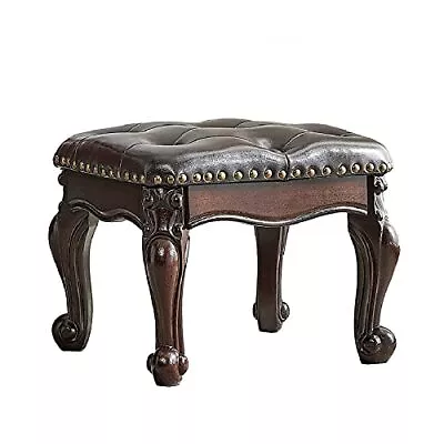 Small Footstool Brown Leather Ottomanvintage Carved Upholstered Footrest Rubber  • $135.13