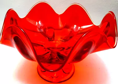 Vintage Viking Glass Pedestal Bowl Epic Six Petal Persimmon Amberina 10  D • $40.49