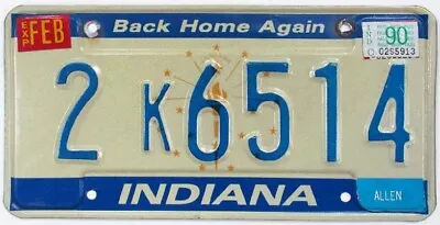 $11.95 • Buy Indiana 1990  Back Home Again  License Plate, 2 K 6514, Allen County, YOM
