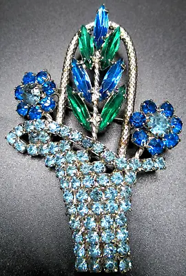 HATTIE CARNEGIE Beautiful Blue Rhinestone Flower Basket Vintage Pin Brooch • $199.99