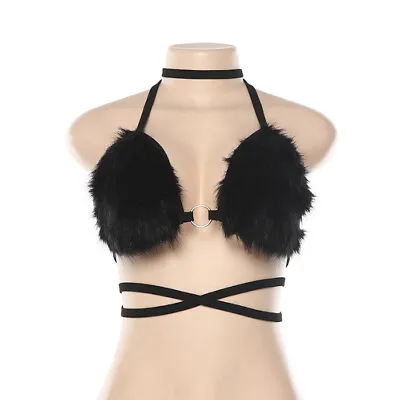 Bikini Top Fit Party Faux Fur Bra Halter Neck Bralette Adjustable Lace Up Fluffy • £12.99