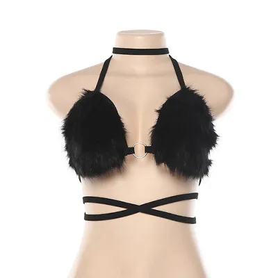 Neck Bralette Adjustable Lace Up Fluffy Bikini Top Fit Party Faux Fur Bra Halter • £13.39