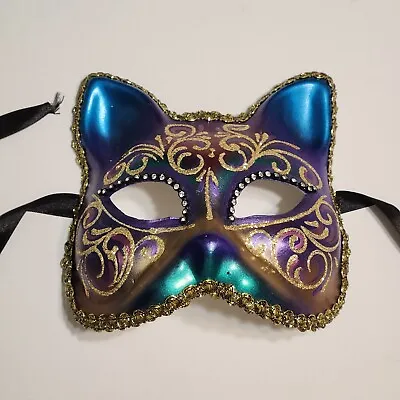 Original Venezia Hand Painted In Italy Mardi Gras Purple Rhinestone Cat Mask • $20
