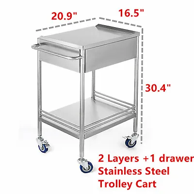 Medical Trolley Cart Dental Lab Mobile Rolling Cart Stainless Steel W/ Drawer • $143.82