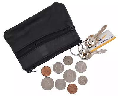 Black Leather Coin Purse / Mini Wallet / Key Pouch - 2 Zippered Sections • $9.99