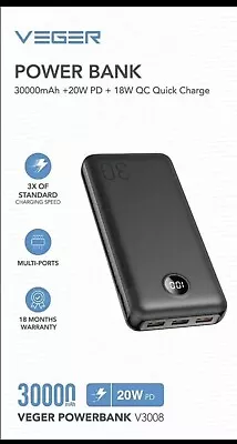 VEGER  30000mah V3008 20W PD Power Bank - Black Brand New And Sealed  • £13.49