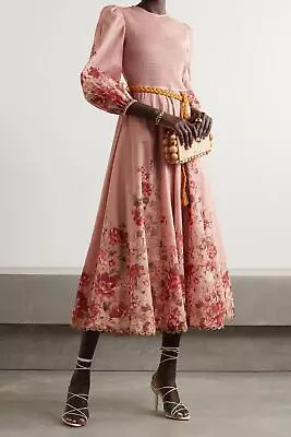 Zimmermann Pink Cassia Belted Shirred Floral Print Cotton Voile Midi Dress (2) • $420.97