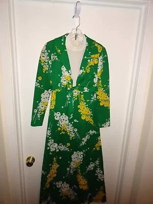 Vintage MOD 1970's Green & Yellow Polyester Maxi Dress With Jacket Size 7/8 • $33