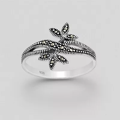 925 Sterling Silver Oxidized Genuine Marcasite Flower Band Ring Women Modern • $26.09