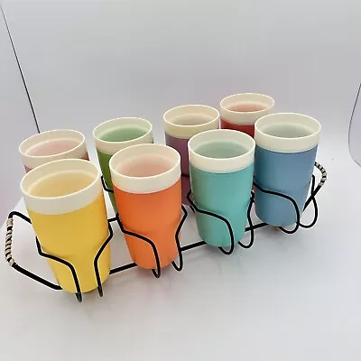 Vintage Bolero Therm-O-Ware 8 Pastel Colored Cups Tumblers With Caddy Rack MCM • $45.49