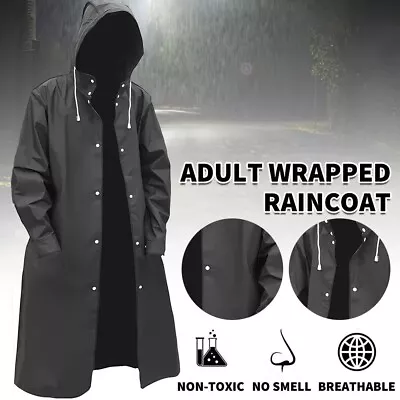 Men Black Waterproof Long Raincoat Rain Coat Hooded Trench Jacket Outdoor Hiking • $7.59