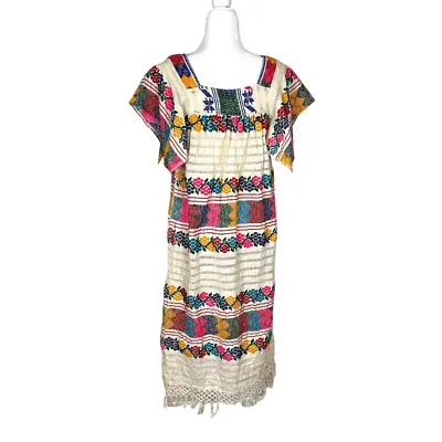 Vintage 70s Handmade Mexican Oaxaca Dress Rainbow Embroidered Fringe Midi XS • $64