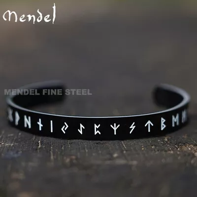 MENDEL Mens Nordic Norse Viking Black Stainless Steel Rune Cuff Bracelet Bangle • $14.99