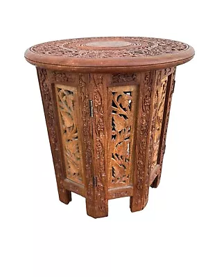 Vintage Teak Carved Octagonal  Folding Sm Side Table Inlay Anglo Indian Moorish • $299