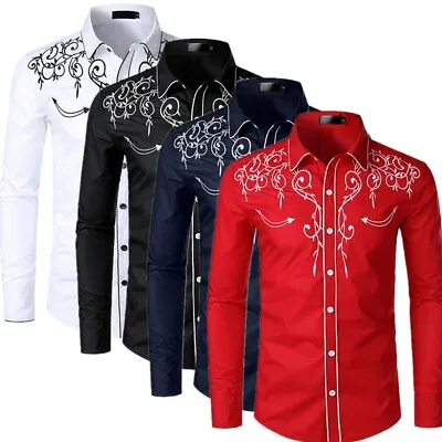 Mens Casual Buttons Down Western Cowboy Shirt Long Sleeve Retro Embroidery Shirt • $21.38