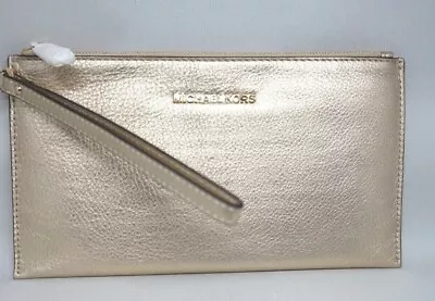 MICHAEL KORS Bedford Clutch Large Zip Pale Gold Tone Leather Wristlet NEW • $58.95