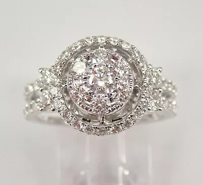 18K White Gold 1.52 Ct Diamond Double Halo Cluster Engagement Ring Size 6.75 • $2895