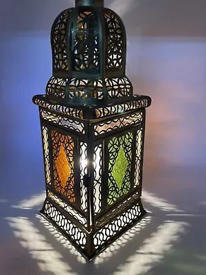 Moroccan Moorish Vintage Brass Hanging Plug In Multicolor Glass Light Fixture • $149.99