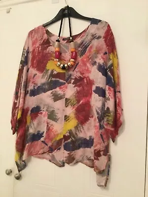 Lagenlook Made In Italy Pink Mix Top With Necklace Size 14/16 • £5