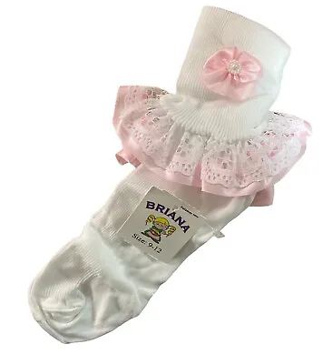 Nylon Anklet Socks Ruffle Trim And Satin Bow Pink White One Size 9-12 • $9.99