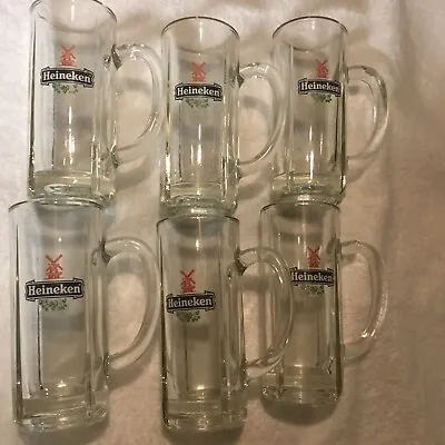 Heineken Beer Stein Mugs 6 Heavy Thick Clear Glass Holland Windmill 6.5 Vintage • $49.90