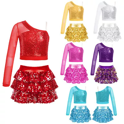 Girls Hip Hop Jazz Dance Clothes Set 2-Piece Sparkly Crop Tops With Skirt Shorts • £5.36